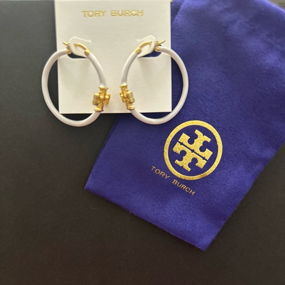 Tory Burch Gold and White Hoop Earrings - Picture 1 of 3